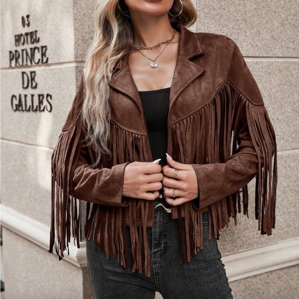 Dark Brown Fringe faux Suede boho festival long sleeve women Jacket